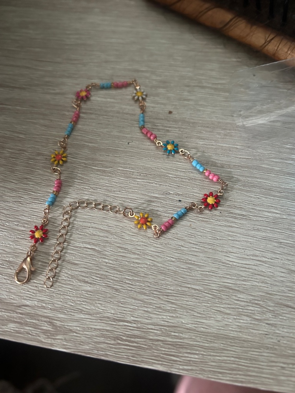 Gold-Tone Floral Bead Anklet with Pink, Turquoise, Yellow & White Accents